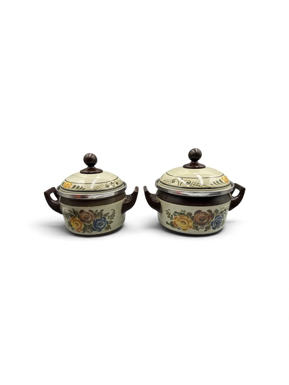 Vintage Asta Enamel Cookware Floral Lidded Pots Set of 2 Mid Century Boho